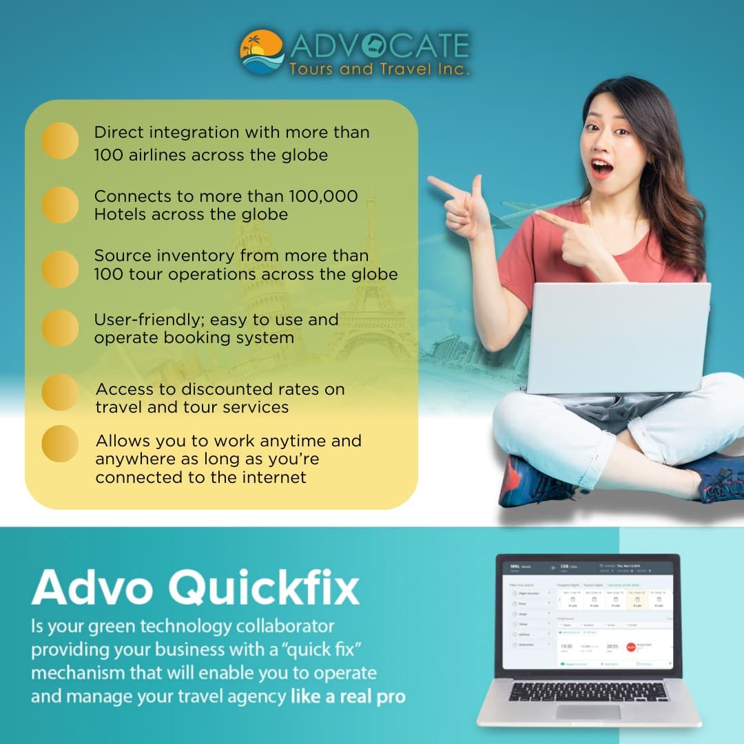 Advoquickfix promo card about travel business tools and support