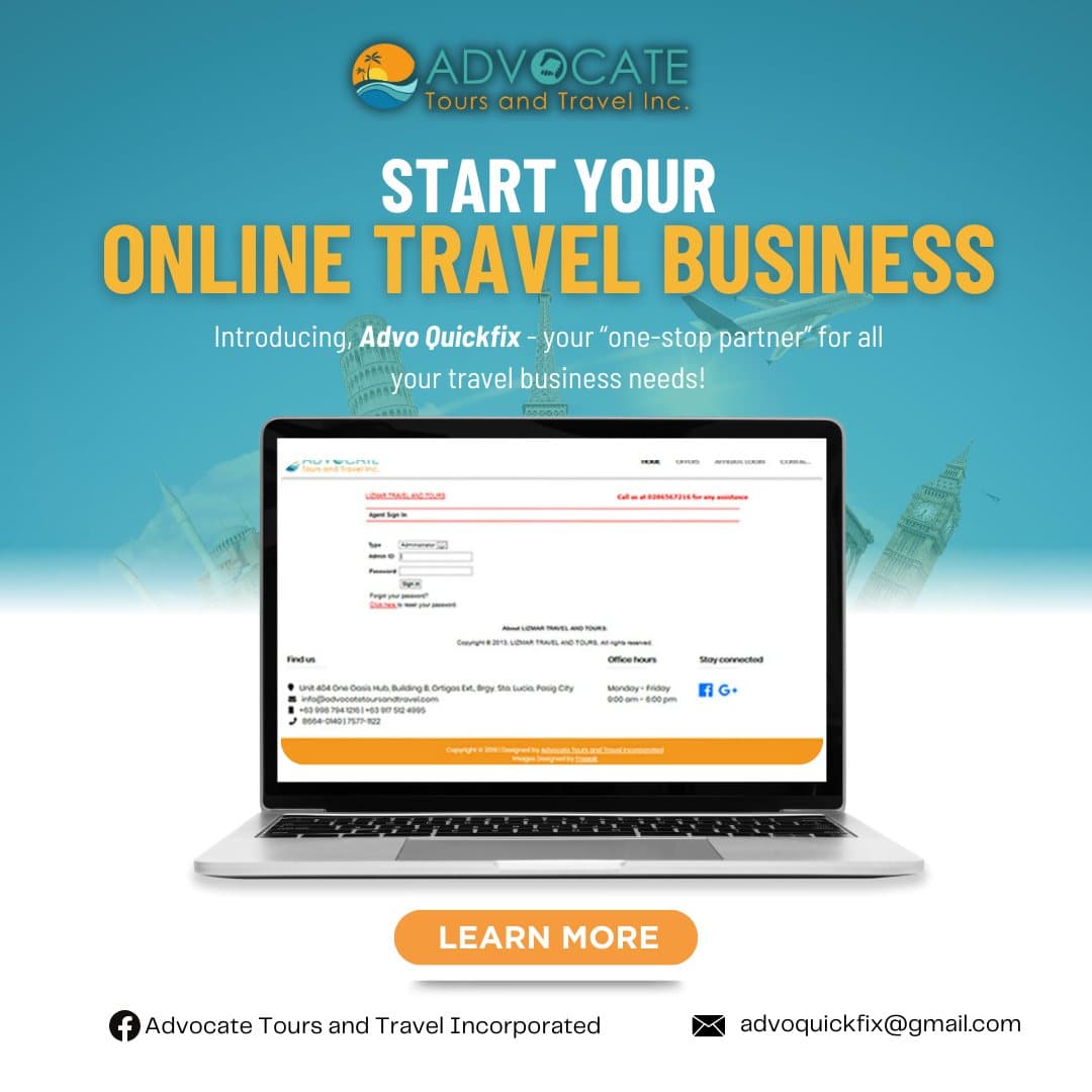 Advoquickfix promo card encouraging online travel business setup