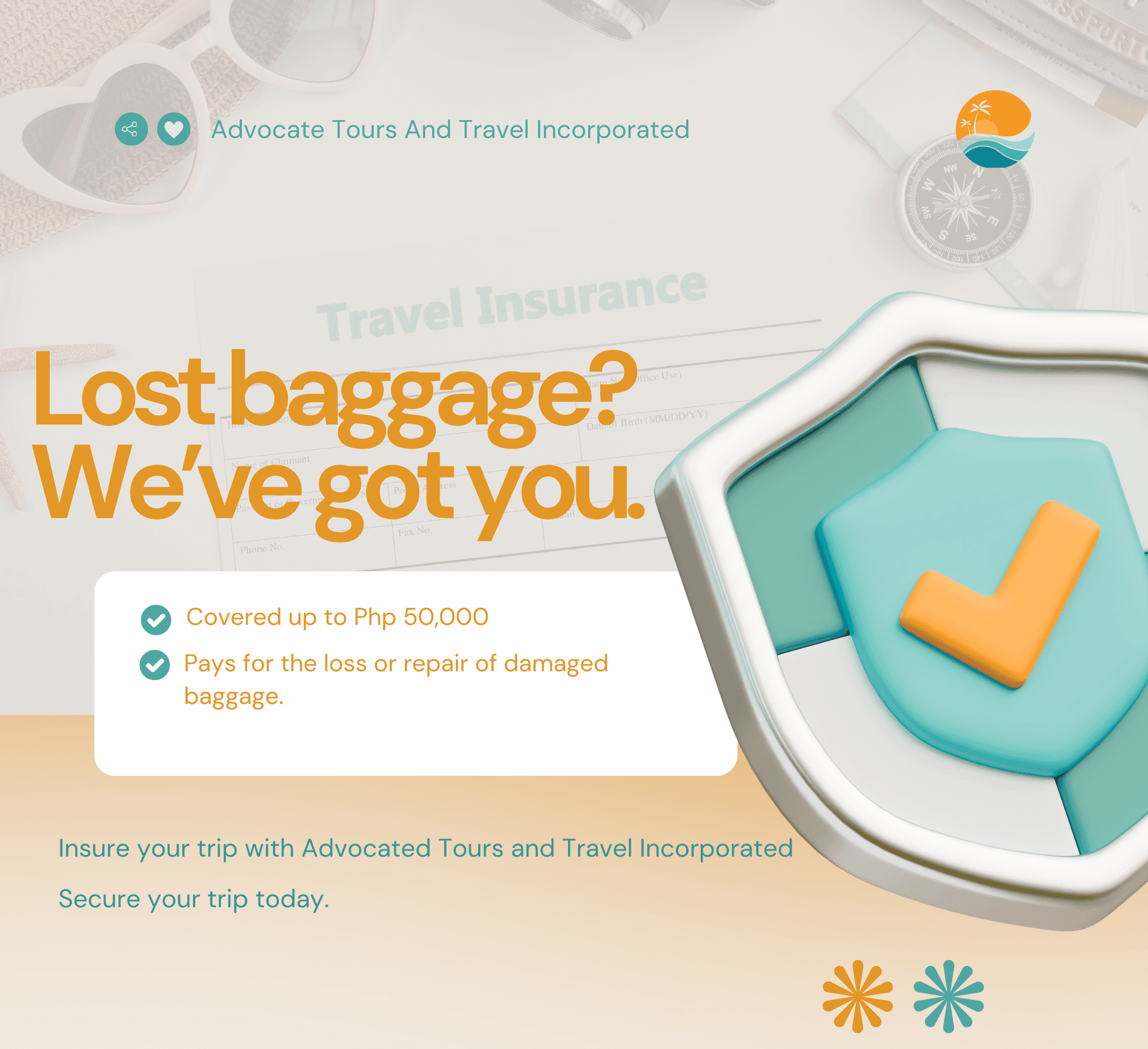 Travel insurance card for lost baggage protection